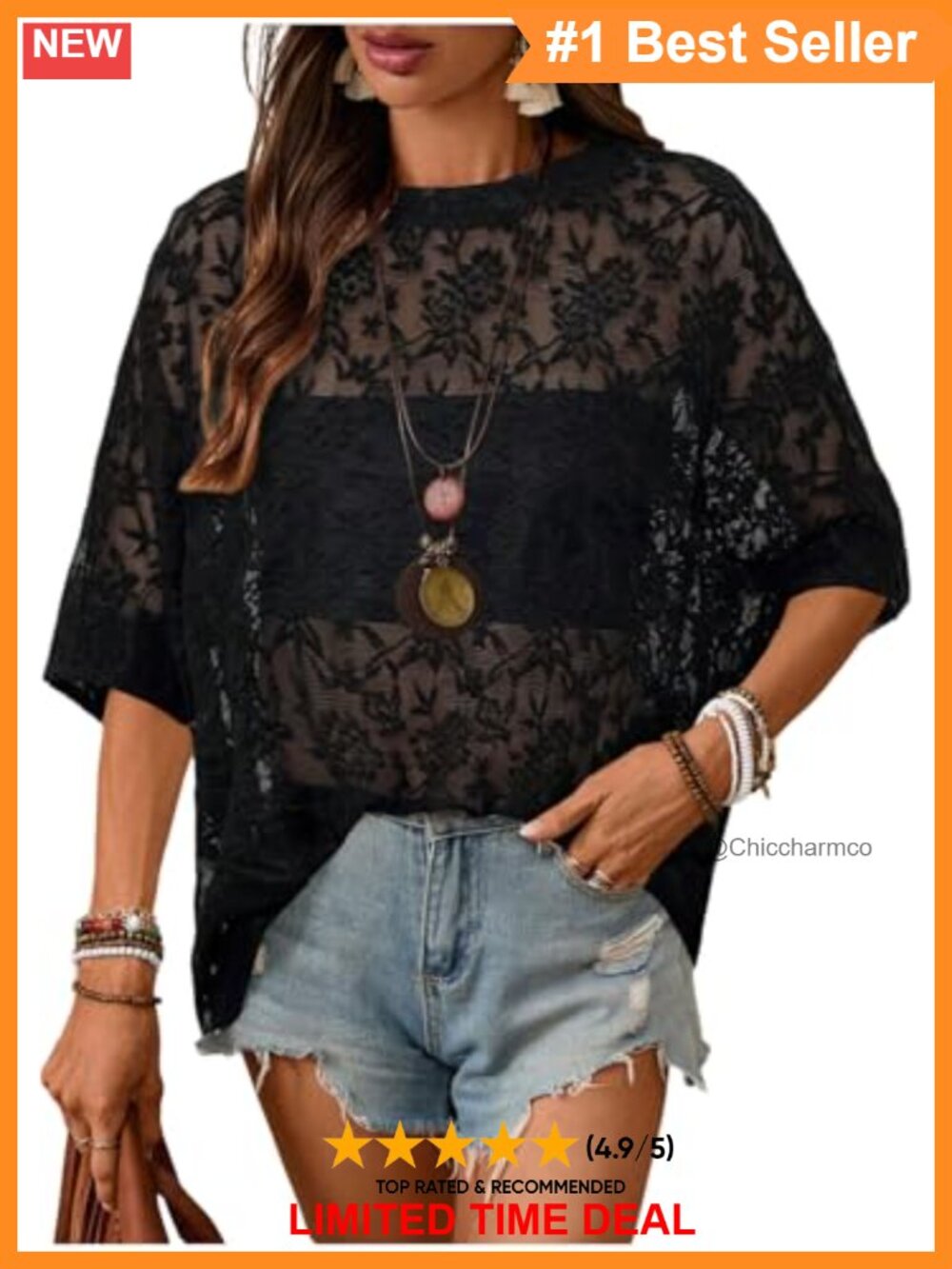 Sheer Mesh Lace Embroidered Oversized Blouse 3/4 Sleeve Festival Top